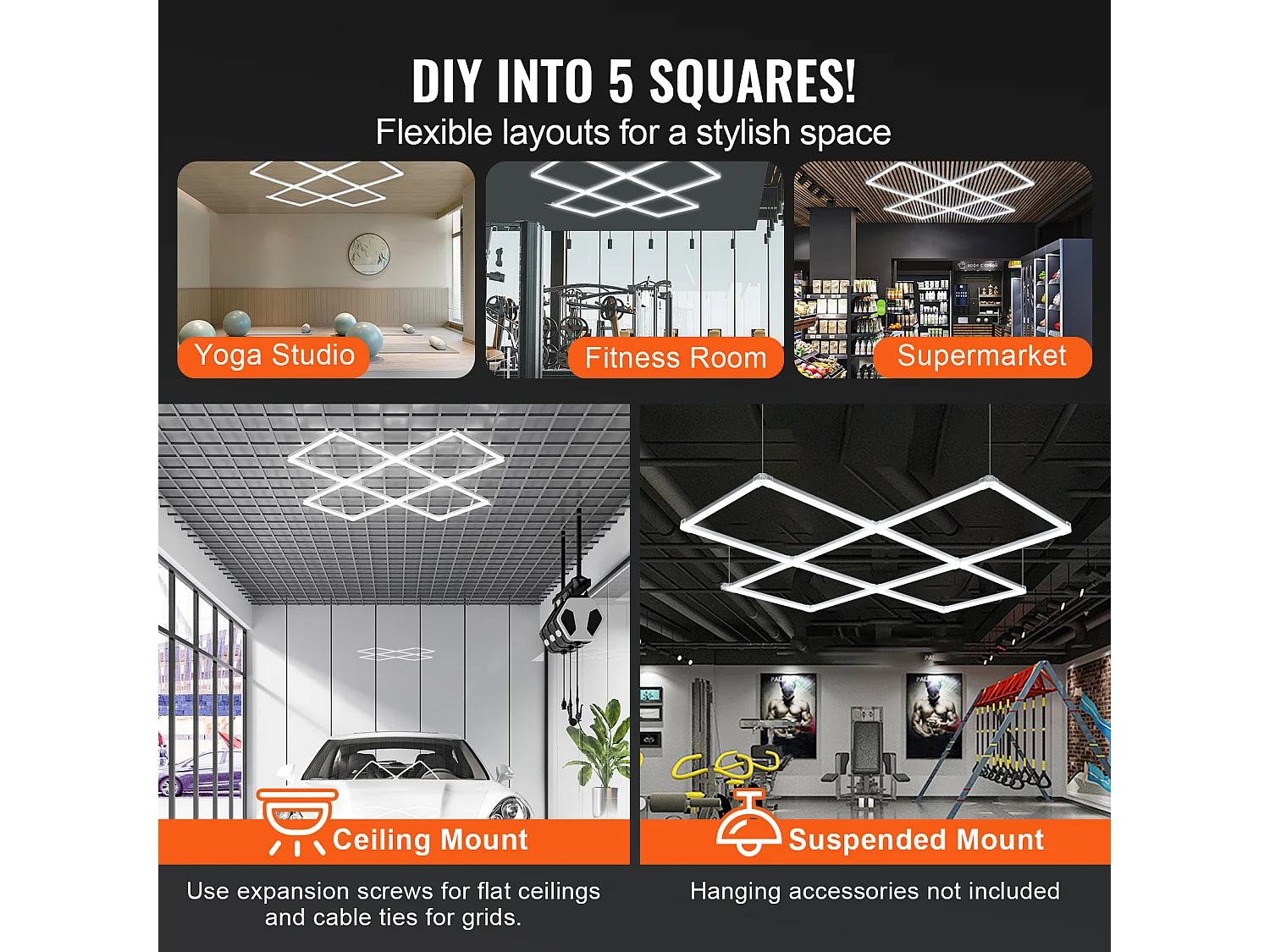 Lampes de Garage SucceBuy Carrées à LED 22 000 lm 5 Grilles pour Éclairage de Détail de Voiture