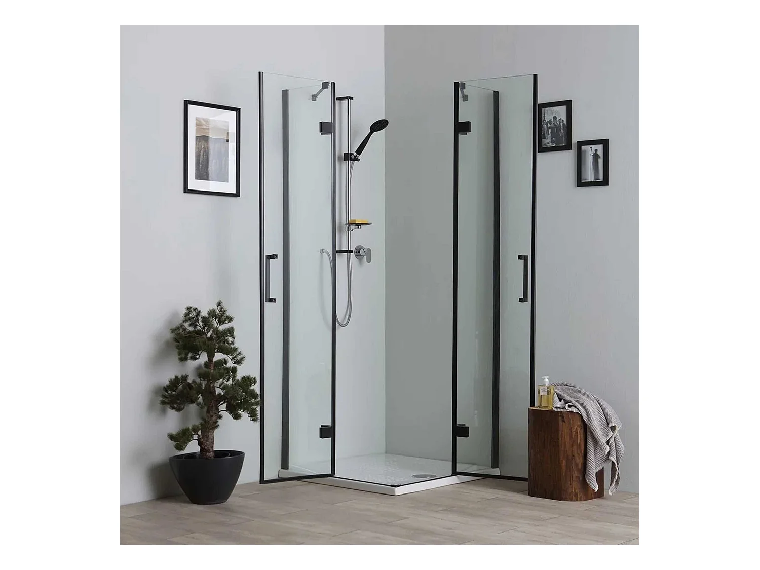 Box de casa de banho moderno preto "Leões" sem perfis com 2 portas de vidro magnético 90x90 190h