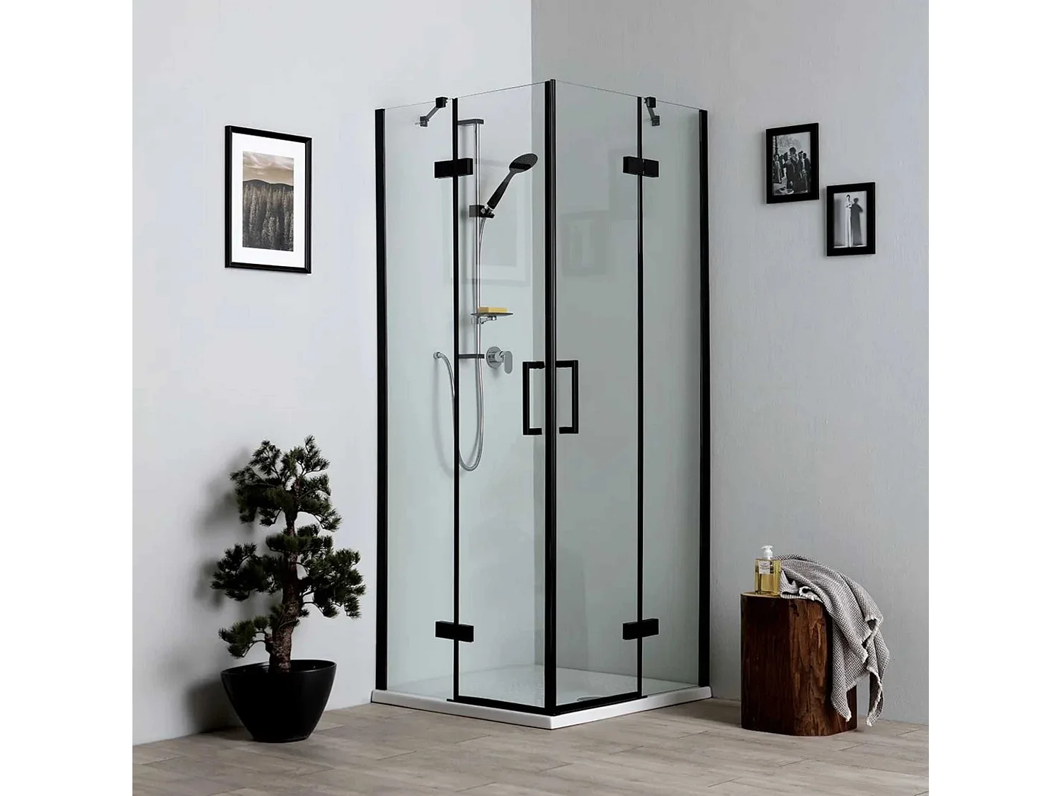 Cabina de ducha de baño moderna negra "Lions" sin perfiles con 2 puertas de cristal magnético 90x90 190h