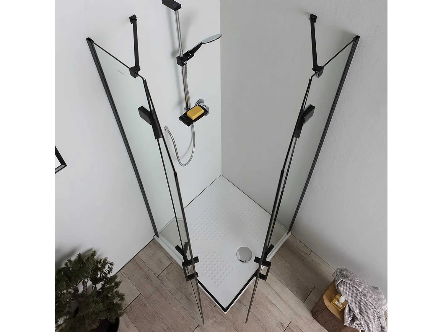 Cabina de ducha de baño moderna negra "Lions" sin perfiles con 2 puertas de cristal magnético 90x90 190h