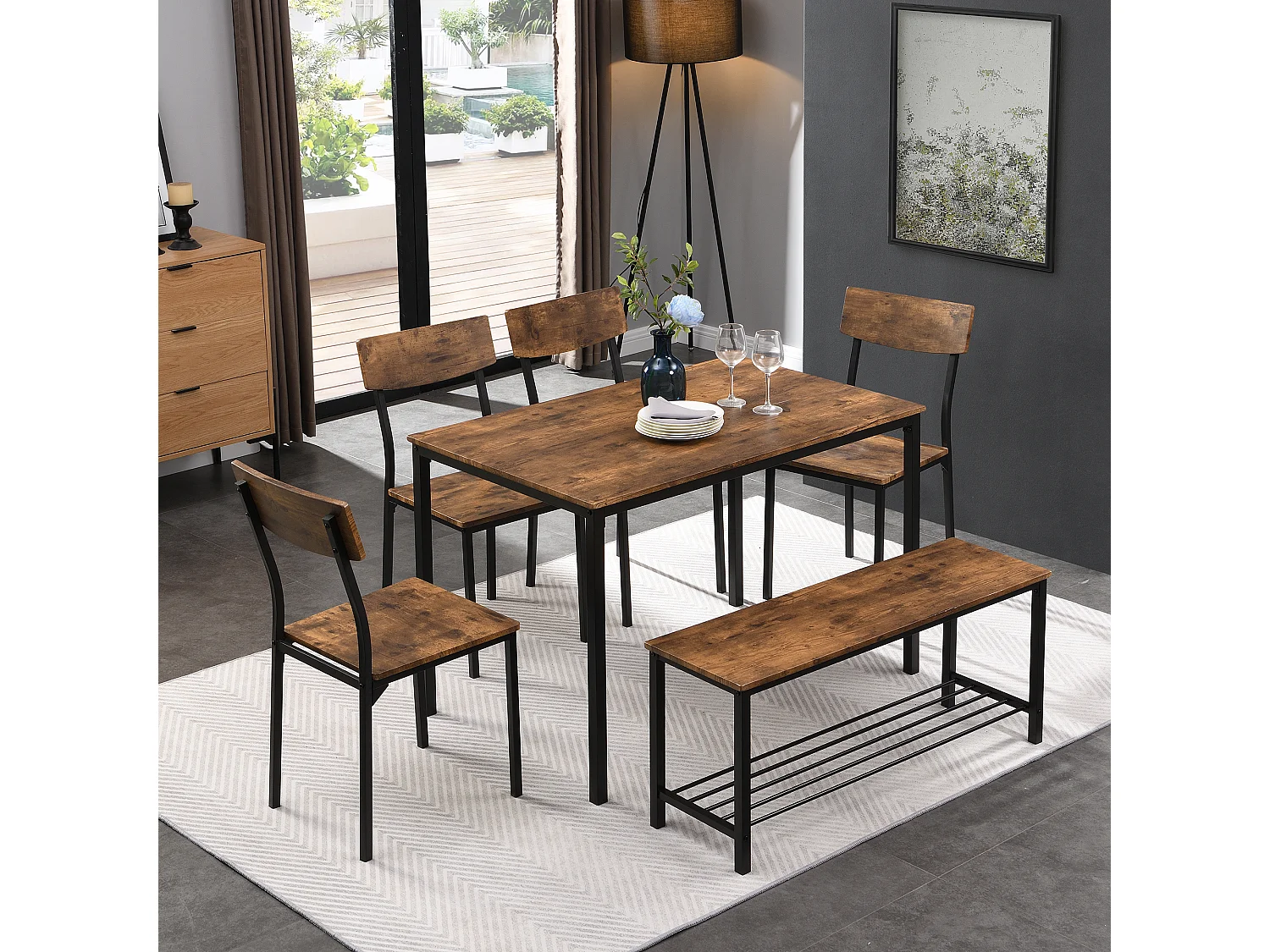 Ensemble table et chaise - 4 chaises, 1 banc et 1 Table à manger Style industriel - cadre en acier et bois - Marron