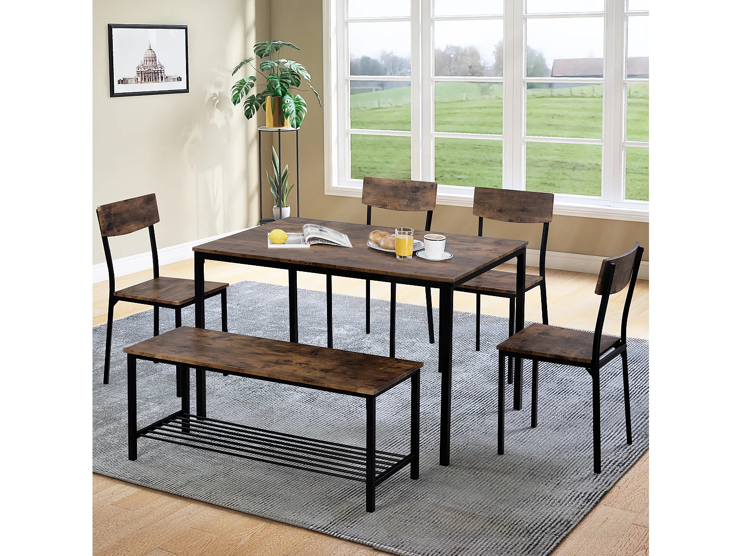 Ensemble table et chaise - 4 chaises, 1 banc et 1 Table à manger Style industriel - cadre en acier et bois - Marron