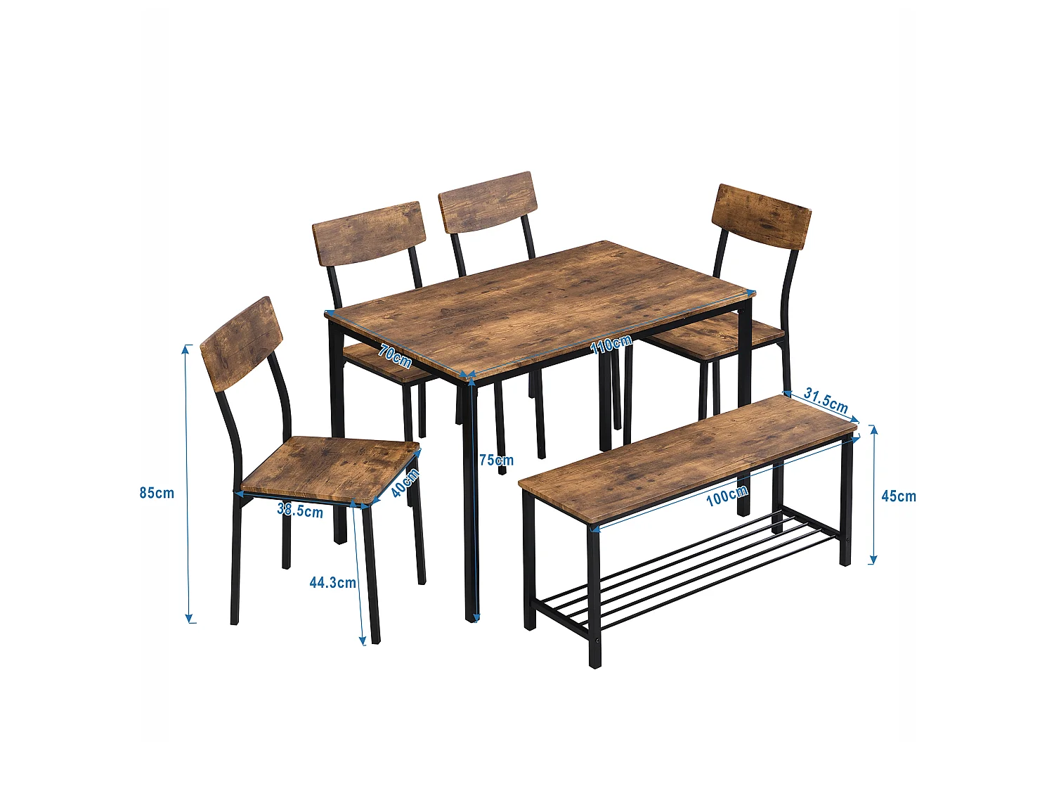 Ensemble table et chaise - 4 chaises, 1 banc et 1 Table à manger Style industriel - cadre en acier et bois - Marron