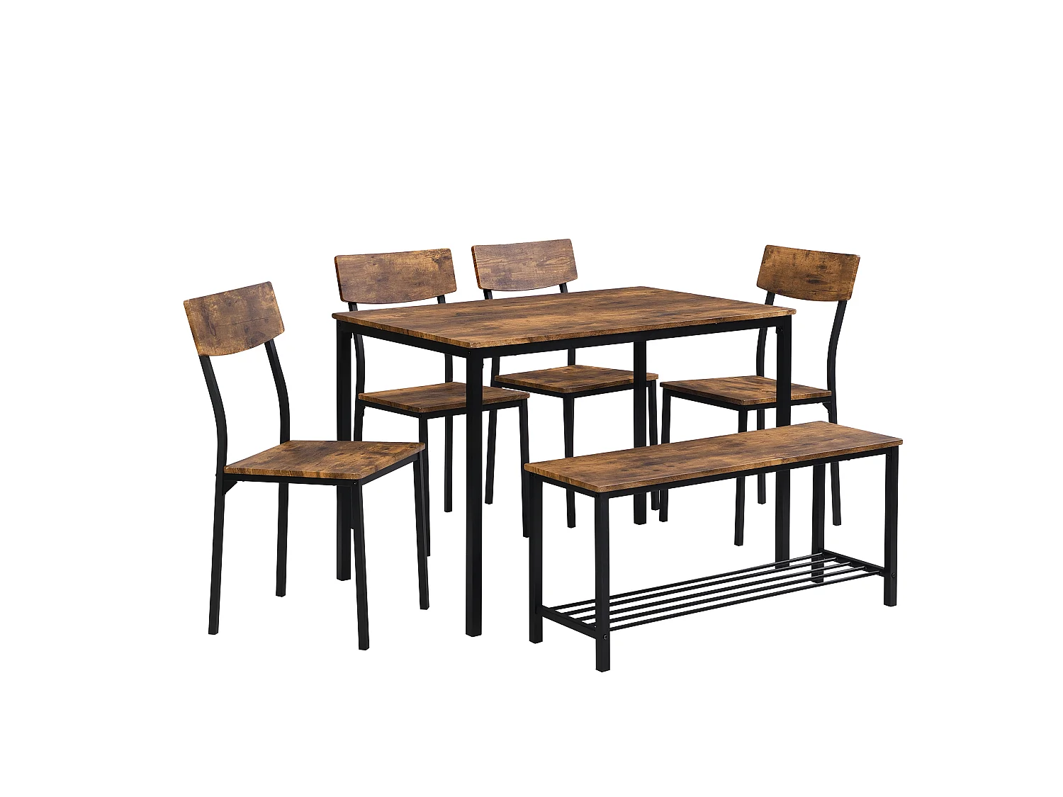 Ensemble table et chaise - 4 chaises, 1 banc et 1 Table à manger Style industriel - cadre en acier et bois - Marron