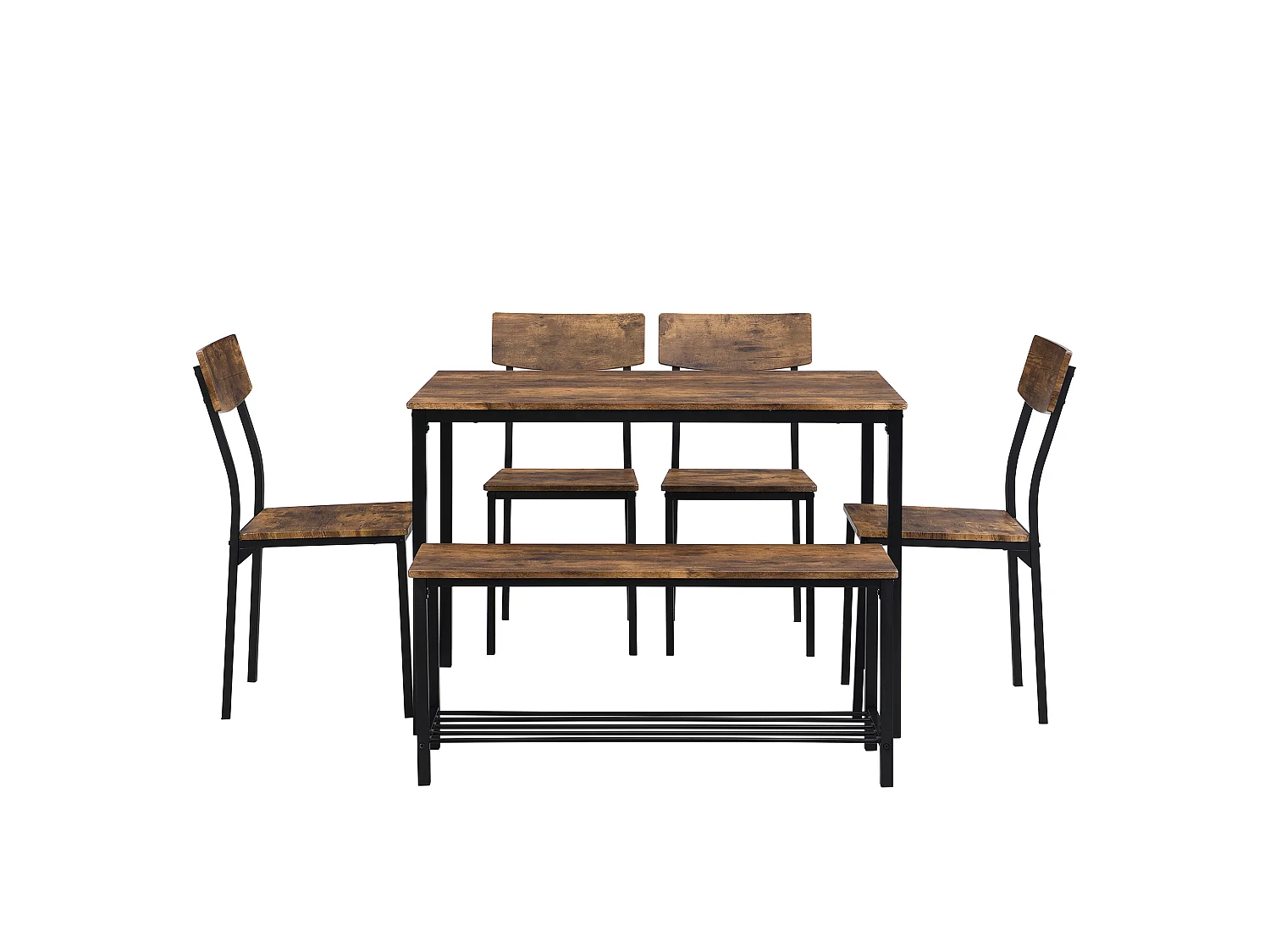 Ensemble table et chaise - 4 chaises, 1 banc et 1 Table à manger Style industriel - cadre en acier et bois - Marron