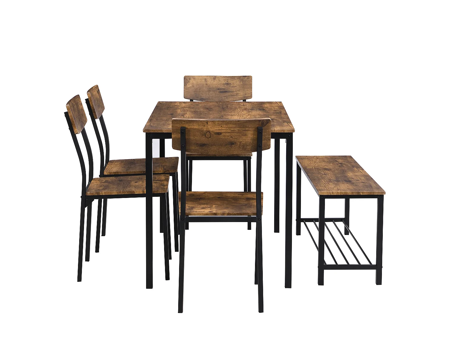 Ensemble table et chaise - 4 chaises, 1 banc et 1 Table à manger Style industriel - cadre en acier et bois - Marron