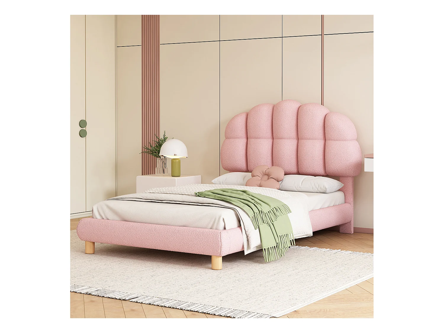 Lit simple 90 x 200 cm - lit enfant avec sommier à lattes en bois - peluche ronde - rose - sans matelas