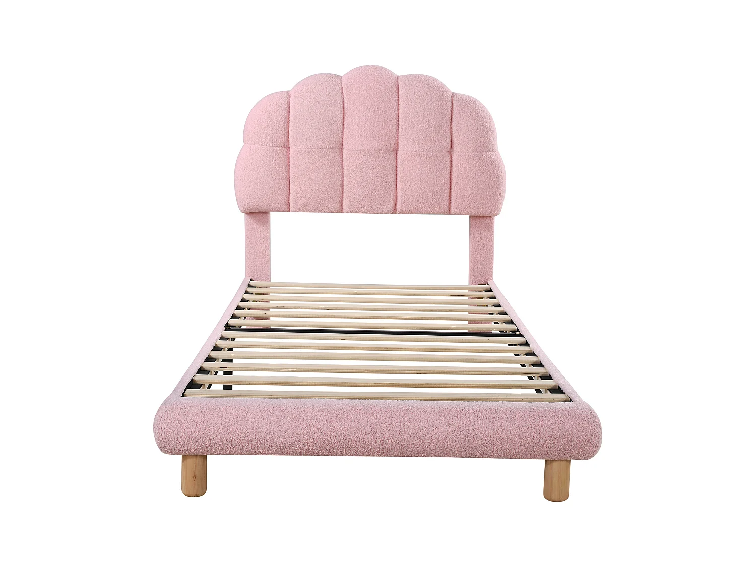 Lit simple 90 x 200 cm - lit enfant avec sommier à lattes en bois - peluche ronde - rose - sans matelas
