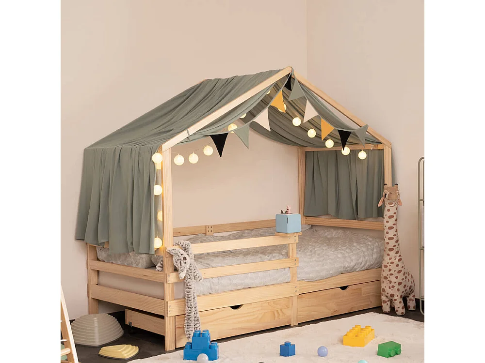 HOME DELUXE - Lit enfant Wolkenland avec tiroirs - 90 x 200 cm, couleur : naturel, bois de pin, avec protection antichute et support Toniebox
