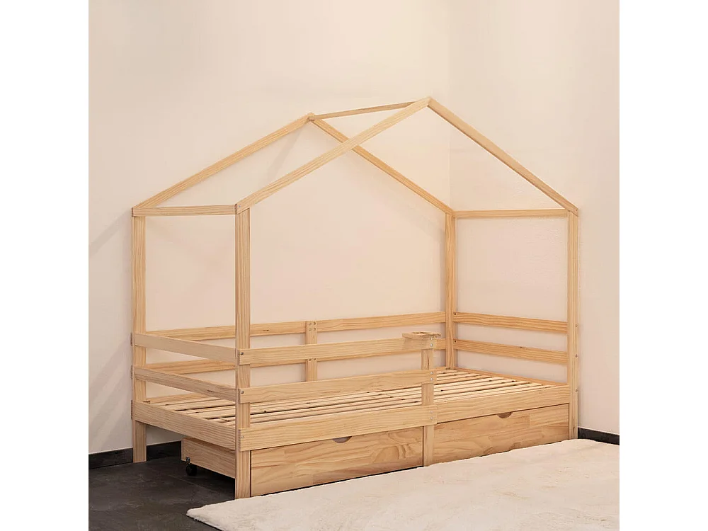 HOME DELUXE - Lit enfant Wolkenland avec tiroirs - 90 x 200 cm, couleur : naturel, bois de pin, avec protection antichute et support Toniebox
