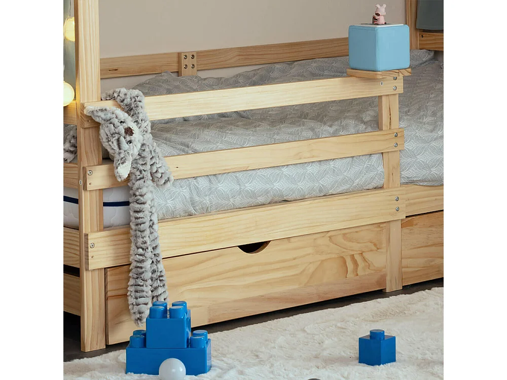 HOME DELUXE - Lit enfant Wolkenland avec tiroirs - 90 x 200 cm, couleur : naturel, bois de pin, avec protection antichute et support Toniebox