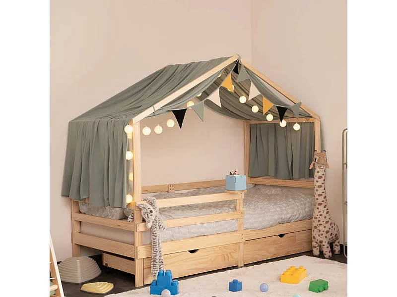HOME DELUXE - Lit enfant Wolkenland avec tiroirs - 90 x 200 cm, couleur : naturel, bois de pin, avec protection antichute et support Toniebox