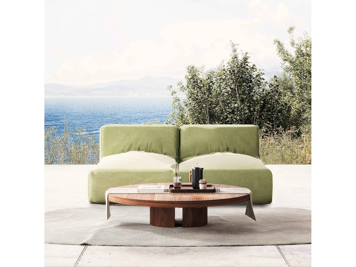 Salon de jardin modulable avec 2 méridiennes vert cactus