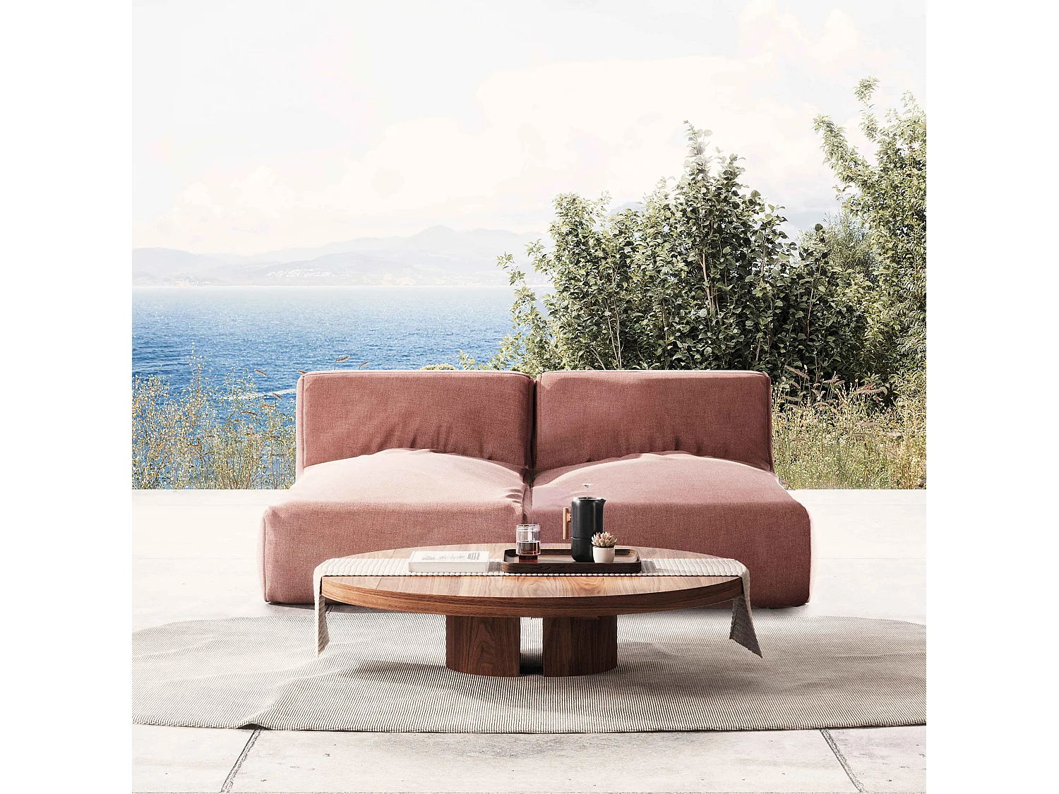 Salon de jardin modulable avec 2 méridiennes terracotta