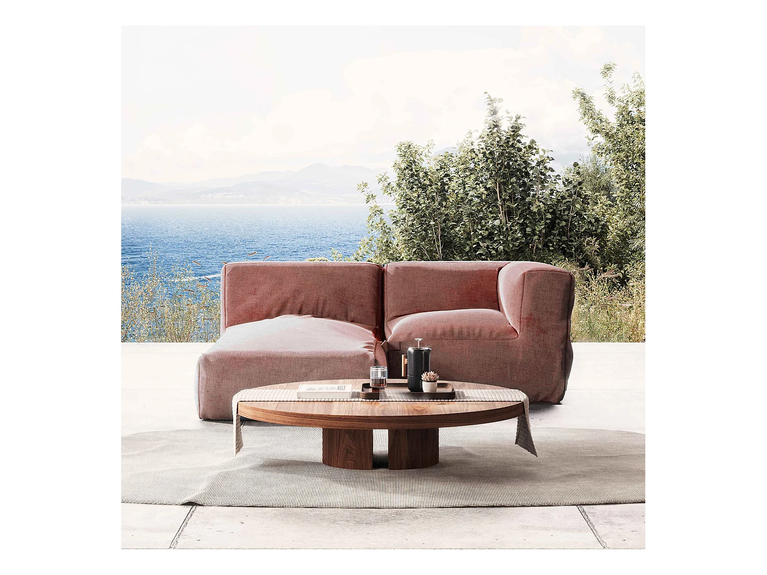 Modulaire tuinmeubelen met 1 hoekfauteuil en 1 terracotta chaise longue