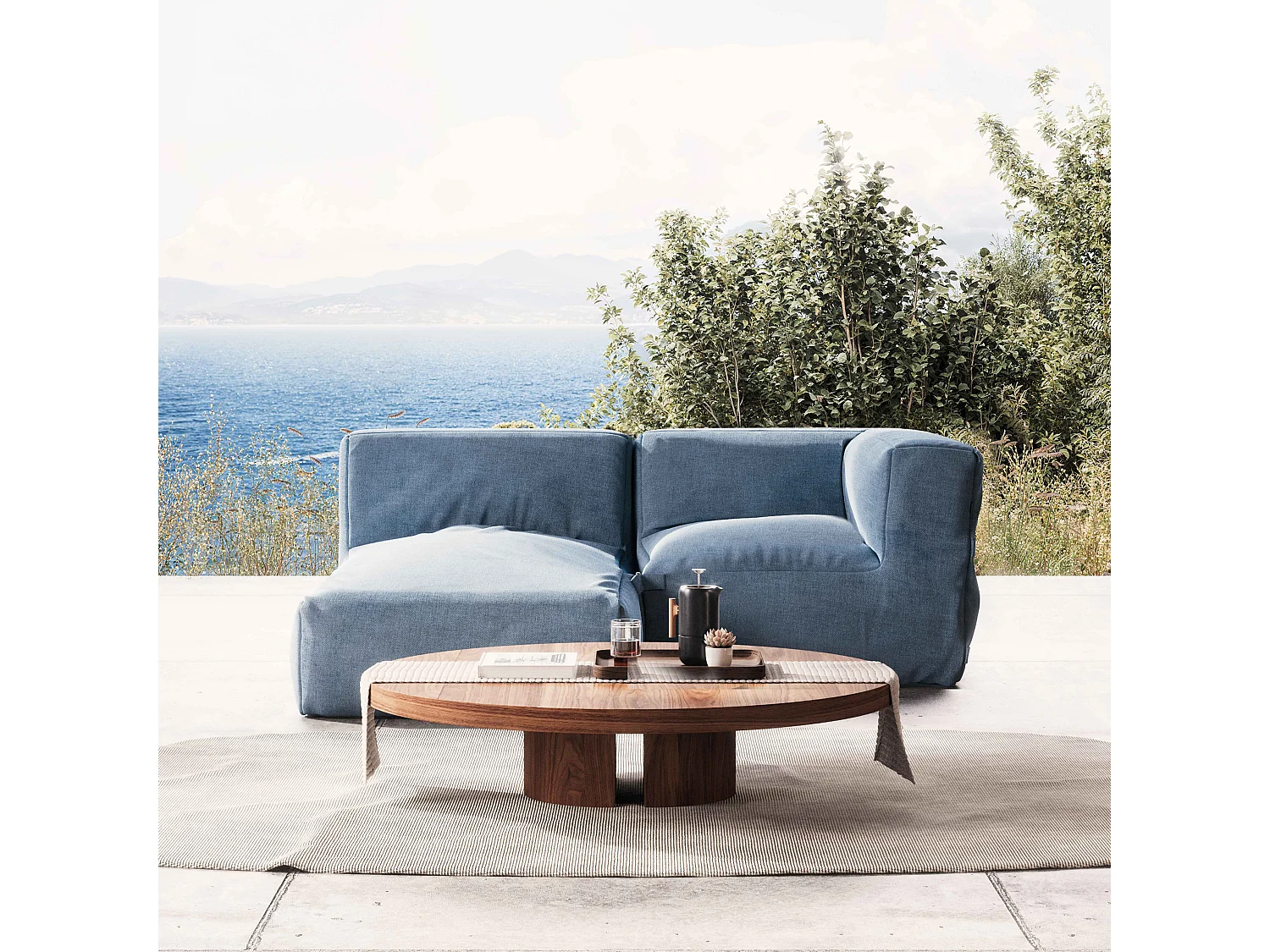 Salon de jardin un fauteuil d'angle et une méridienne bleu pacific