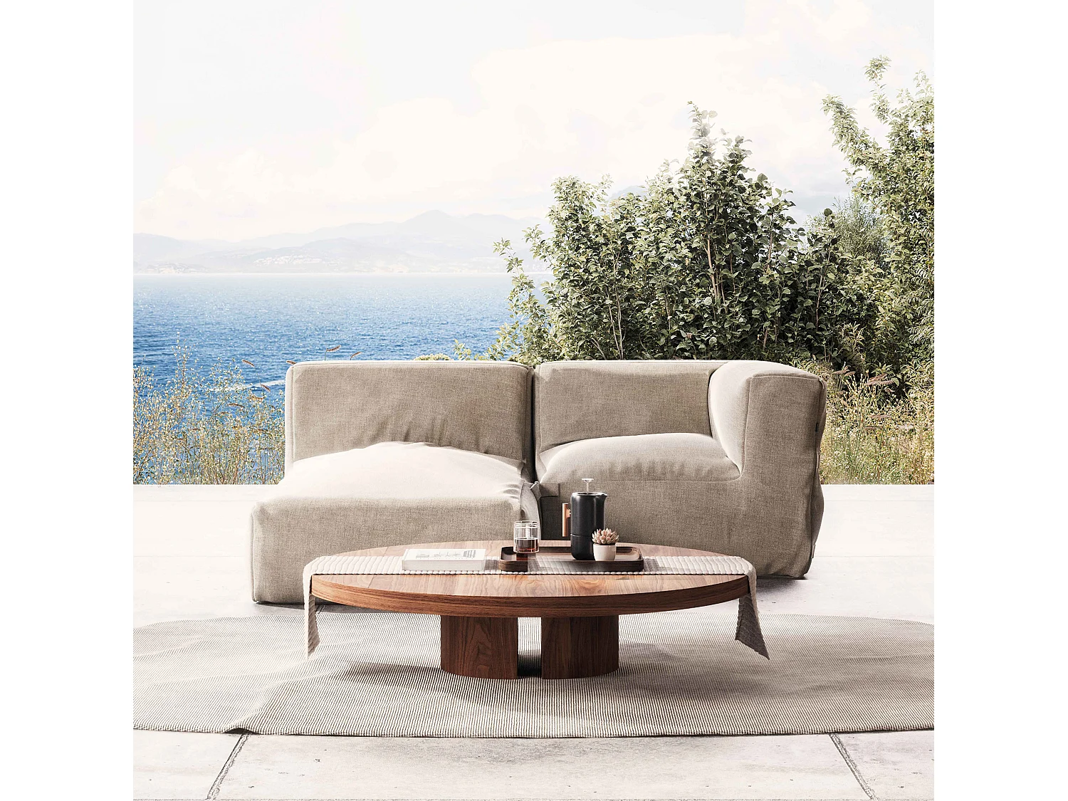 Modulaire tuinmeubelen met 1 hoekfauteuil en 1 beige chaise longue