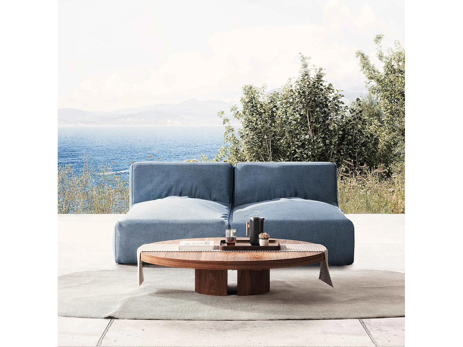 Salon de jardin modulable avec 2 méridiennes bleu pacific