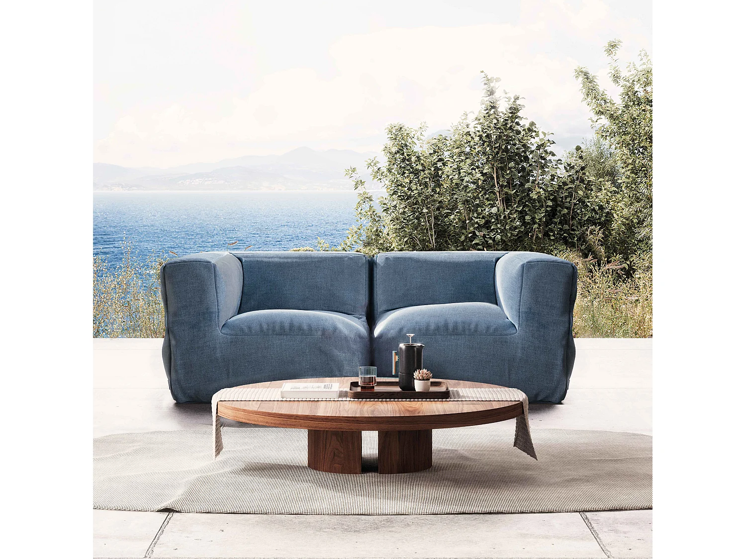 Salon de jardin modulable avec 2 fauteuils d'angle bleu pacific