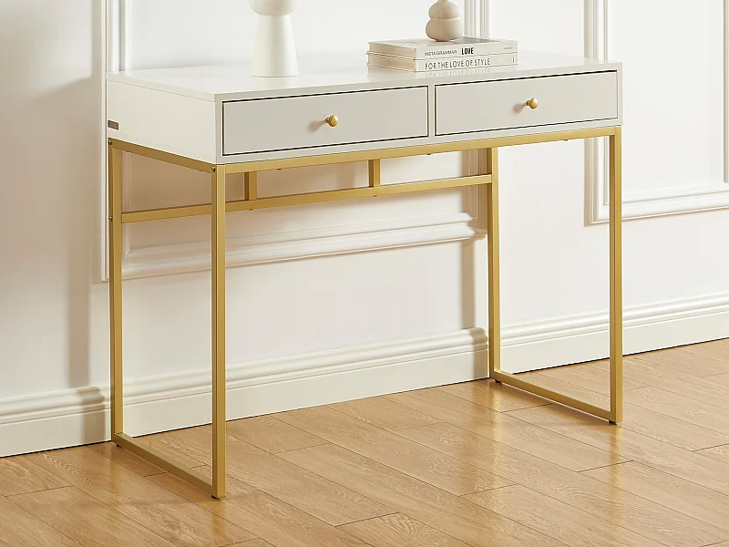 Console avec 2 tiroirs en MDF - Blanc et doré - CODENIO