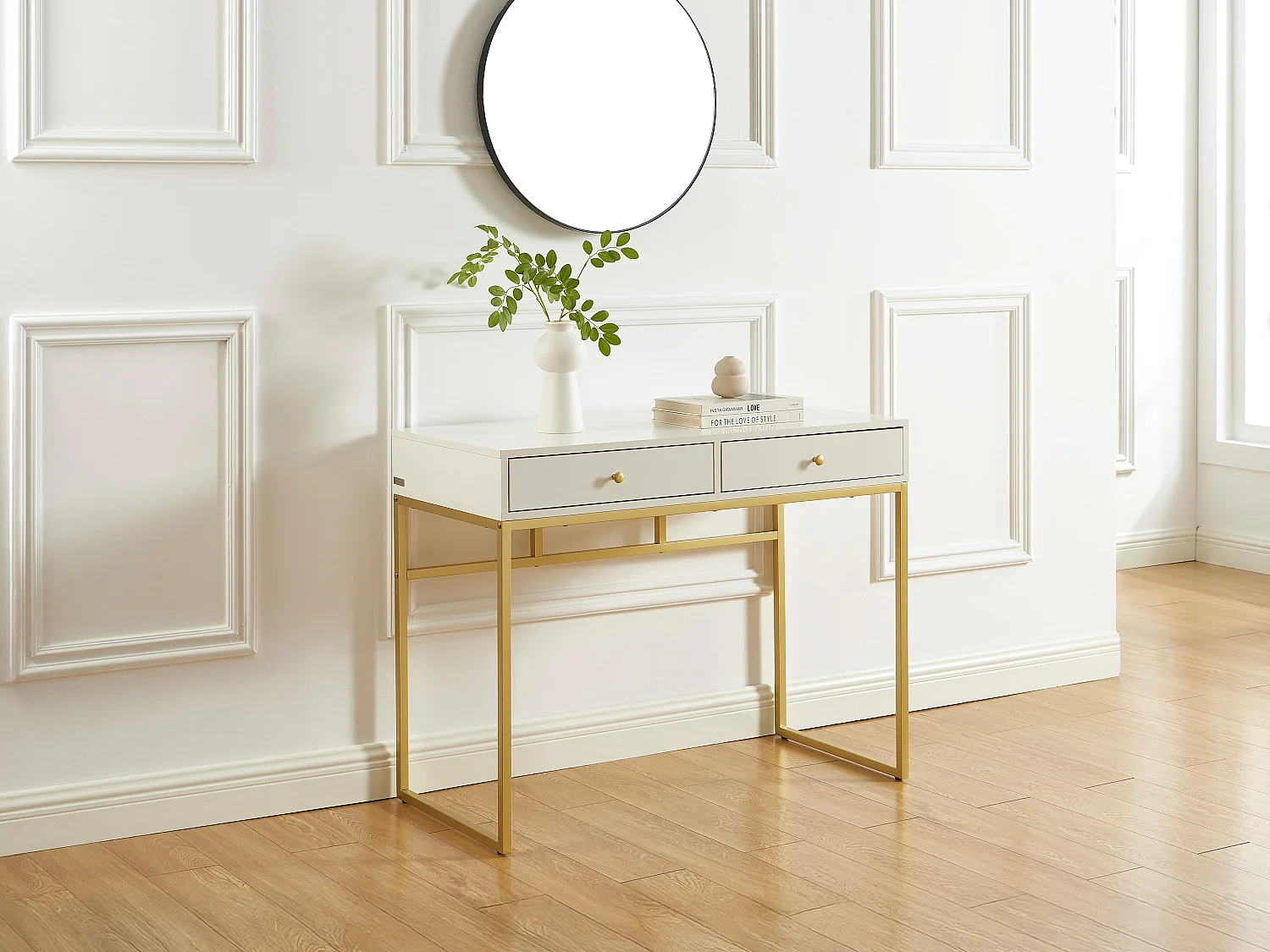 Consolle con 2 cassetti in MDF Bianco e Dorato - CODENIA