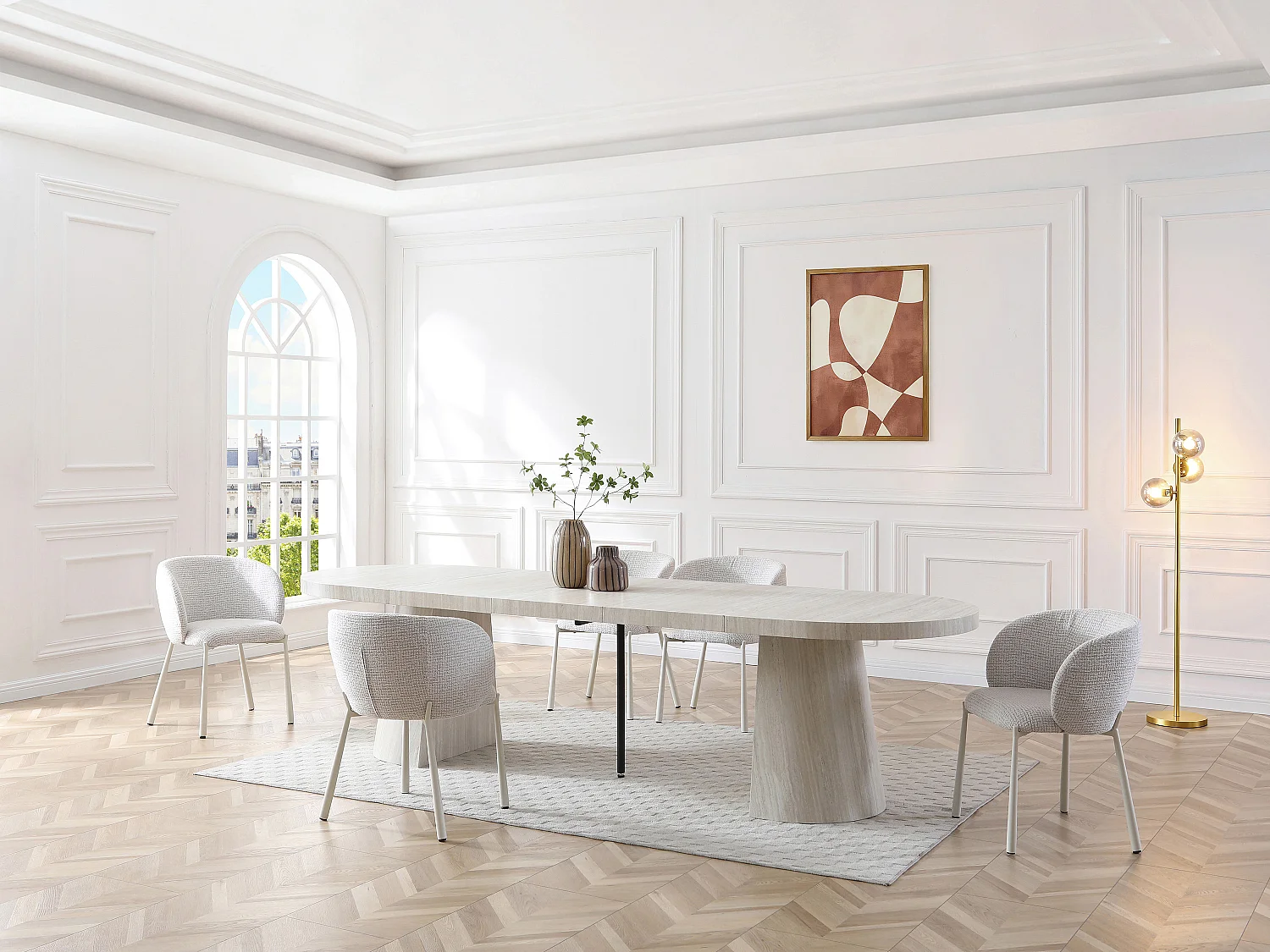 Table à manger extensible 6 à +12 personnes en MDF - Effet travertin beige - CLOEVA