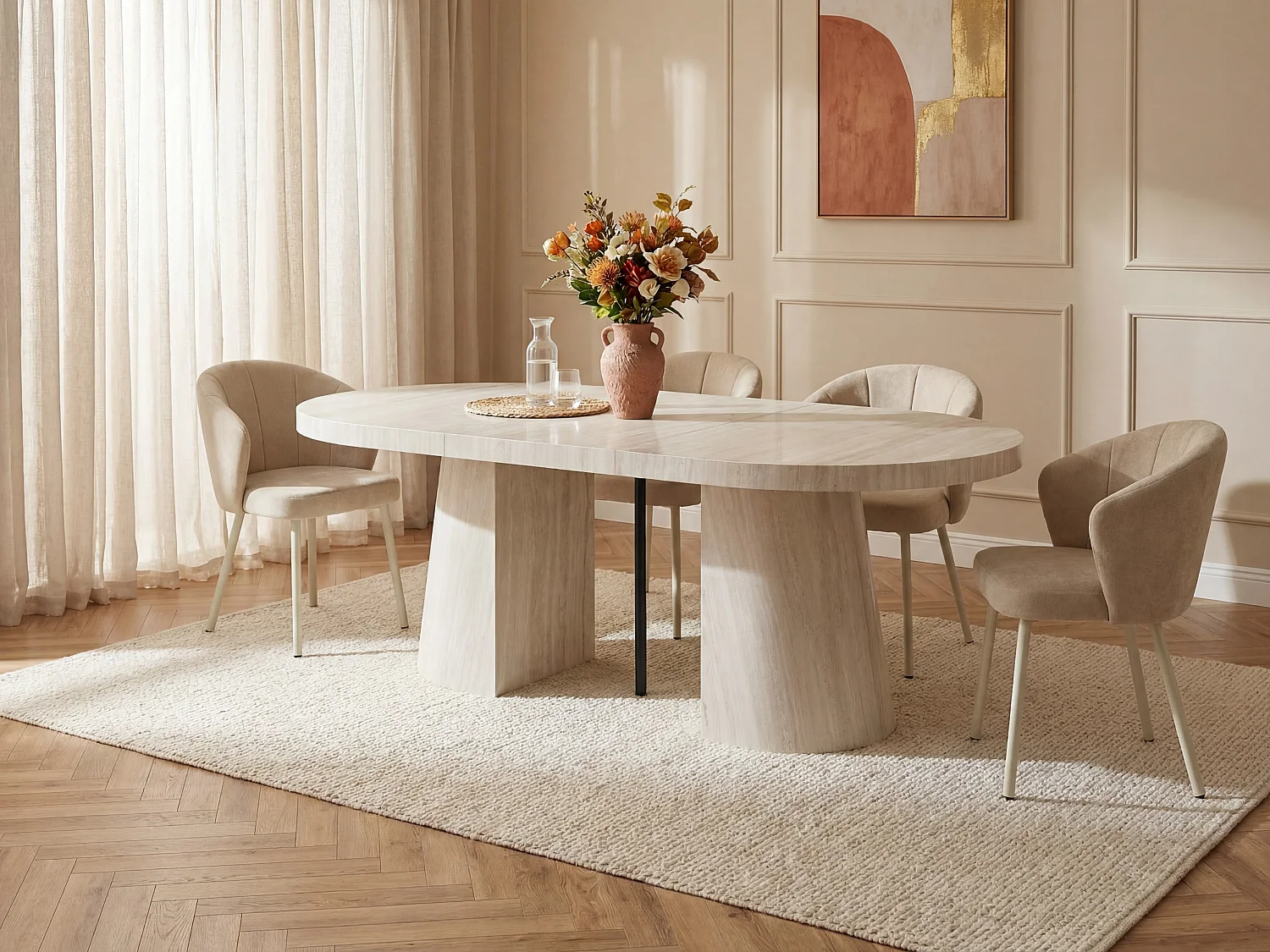 Table à manger extensible 6 à +12 personnes en MDF - Effet travertin beige - CLOEVA