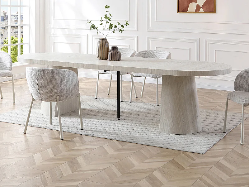 Table à manger extensible 6 à +12 personnes en MDF - Effet travertin beige - CLOEVA