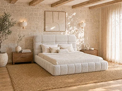 Opbergbed 180 x 200 cm - Bouclé stof - Beige - FORIOSY