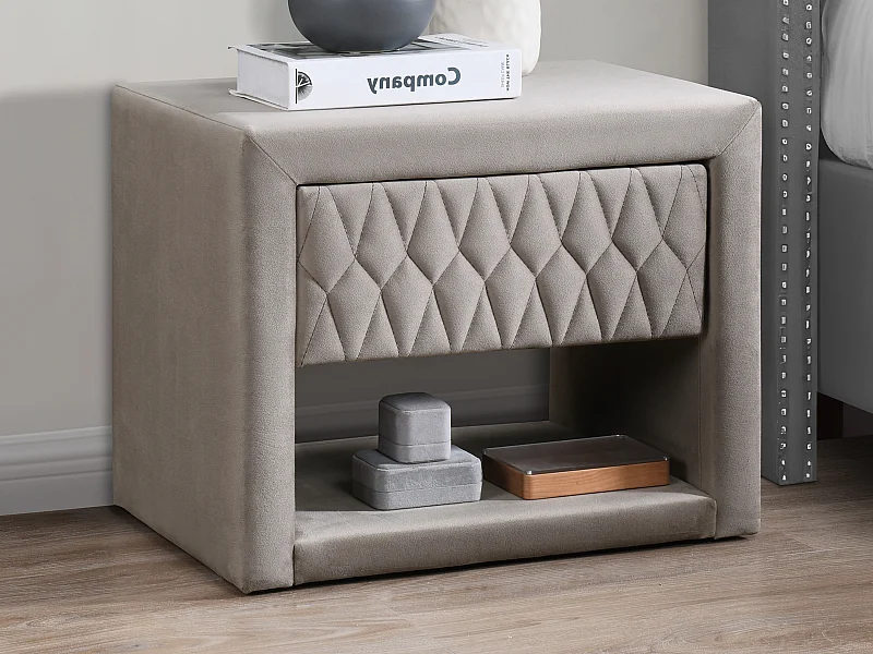Table de chevet - 1 tiroir et 1 niche - Tissu velours - Beige - DANIELE