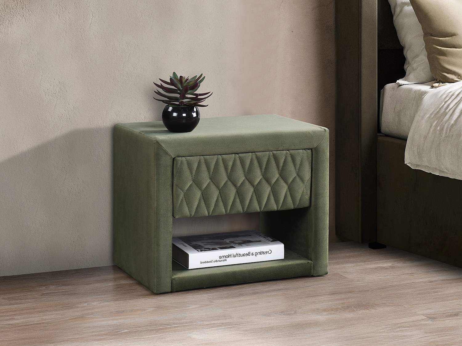 Nachttisch DANIELE – 1 Schublade & 1 Ablage – Samt – Olivgrün günstig online kaufen