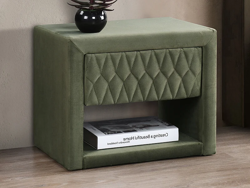 Table de chevet - 1 tiroir et 1 niche - Tissu velours - Vert olive - DANIELE