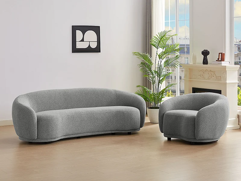 Driezitsbank en fauteuil in grijs bouclé stof BOVANA van Pascal Morabito