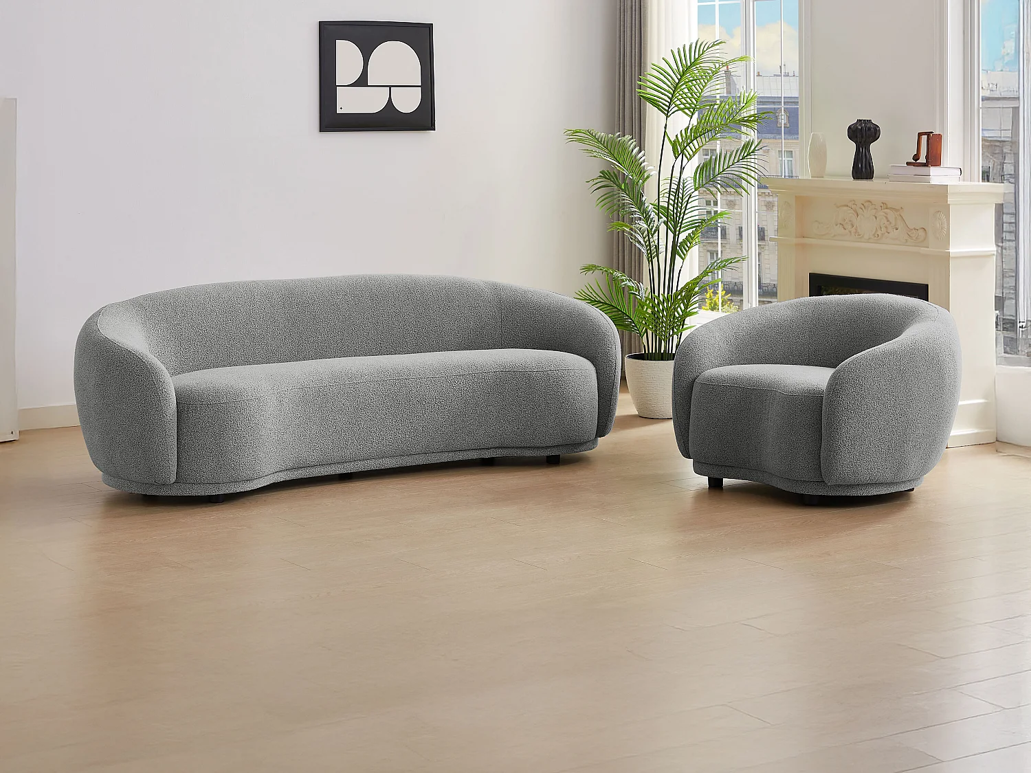 Sofa 3-Sitzer & Sessel - Bouclé-Stoff - Grau - BOVANA von Pascal Morabito