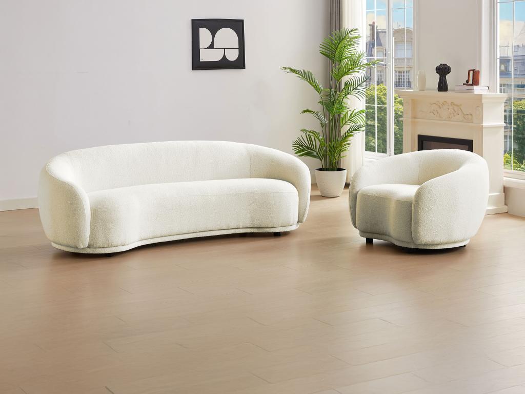 Canapé 3 places et fauteuil en tissu bouclette blanc ivoire BOVANA de Pascal Morabito