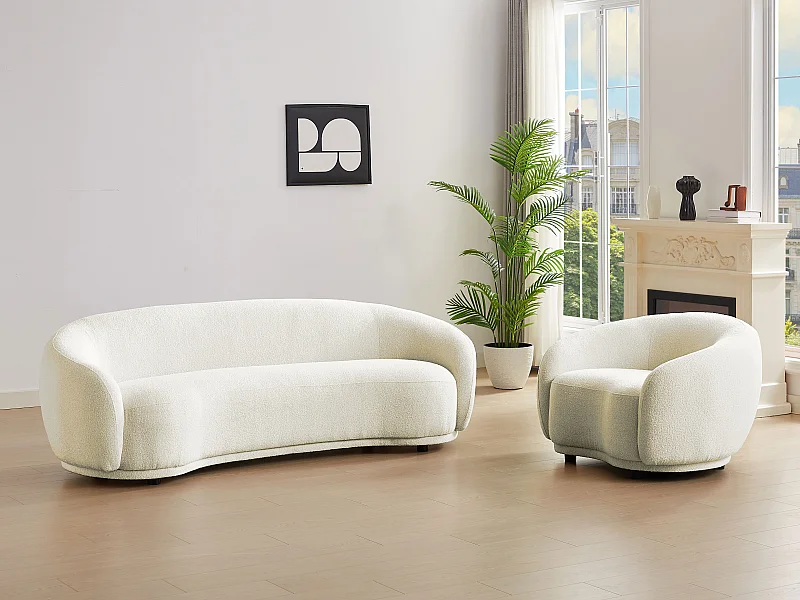 Sofá 3 plazas y sillón  de tela de rizo blanco marfil BOVANA de Pascal Morabito