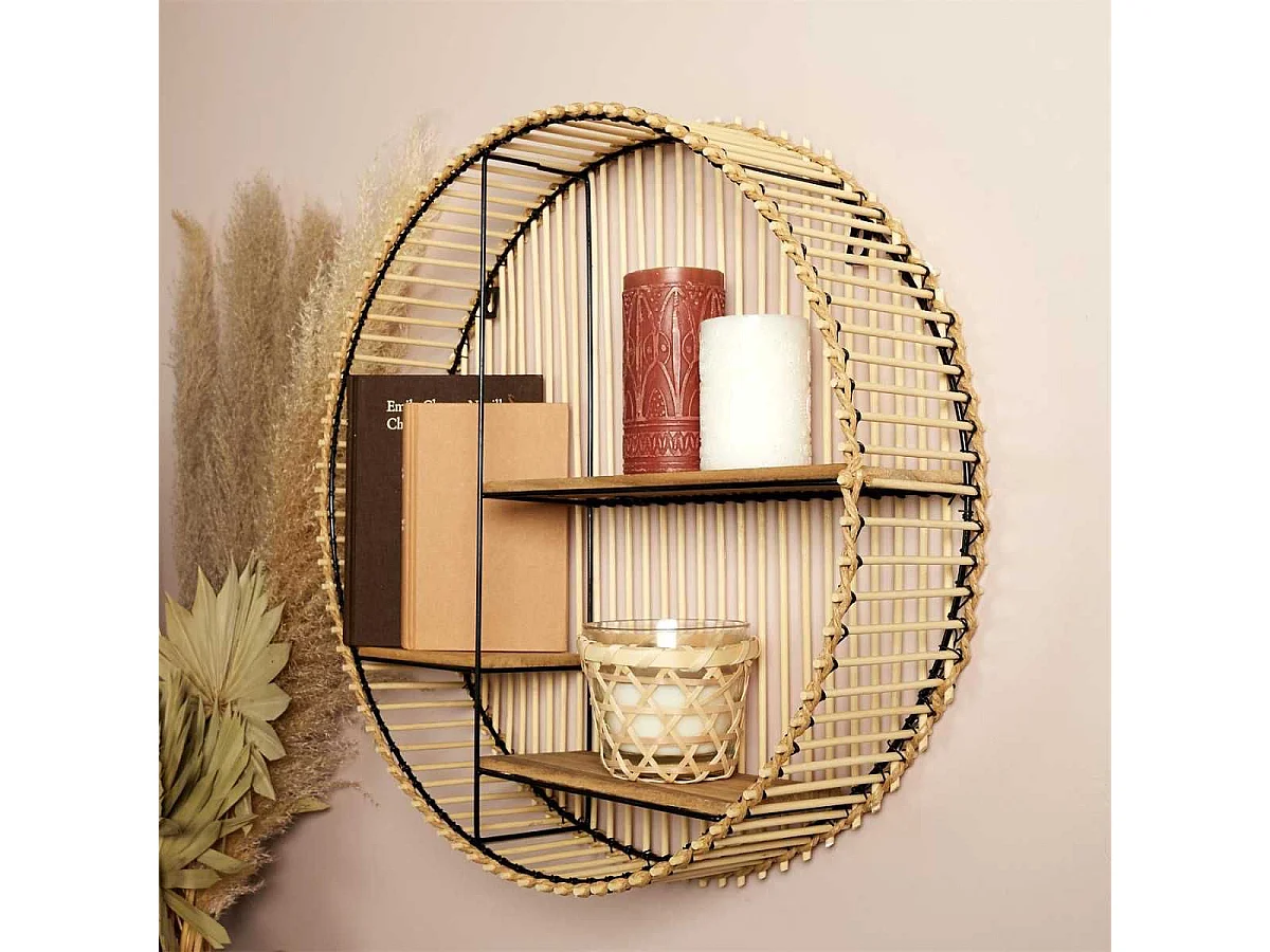 Etagère murale ronde en bambou et métal plateau bois - SAPHIR