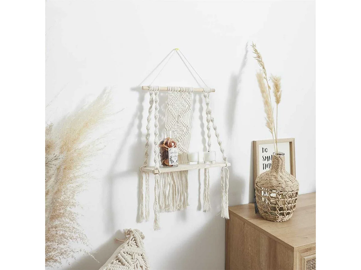 Etagère murale 30cm bohème en macramé et plateau en bois