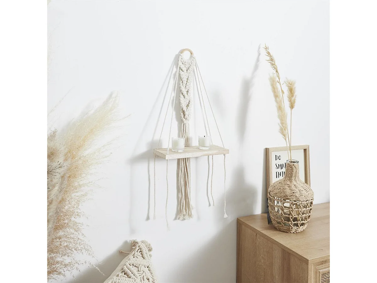 Etagère murale 25cm bohème en corde et plateau en bois