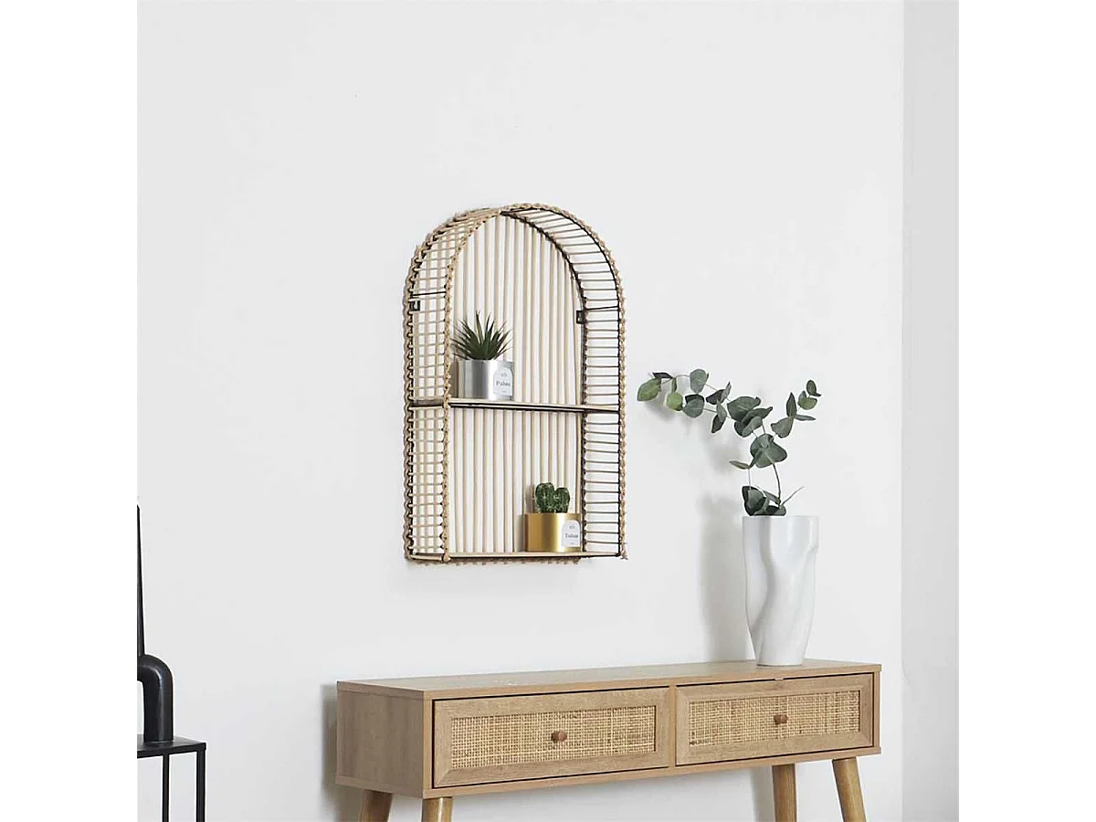 Etagère murale arrondie fenêtre en bambou et métal plateau bois - SAPHIR