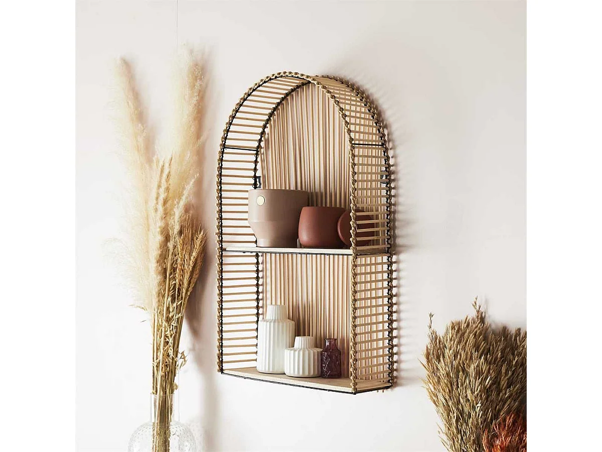 Etagère murale arrondie fenêtre en bambou et métal plateau bois - SAPHIR