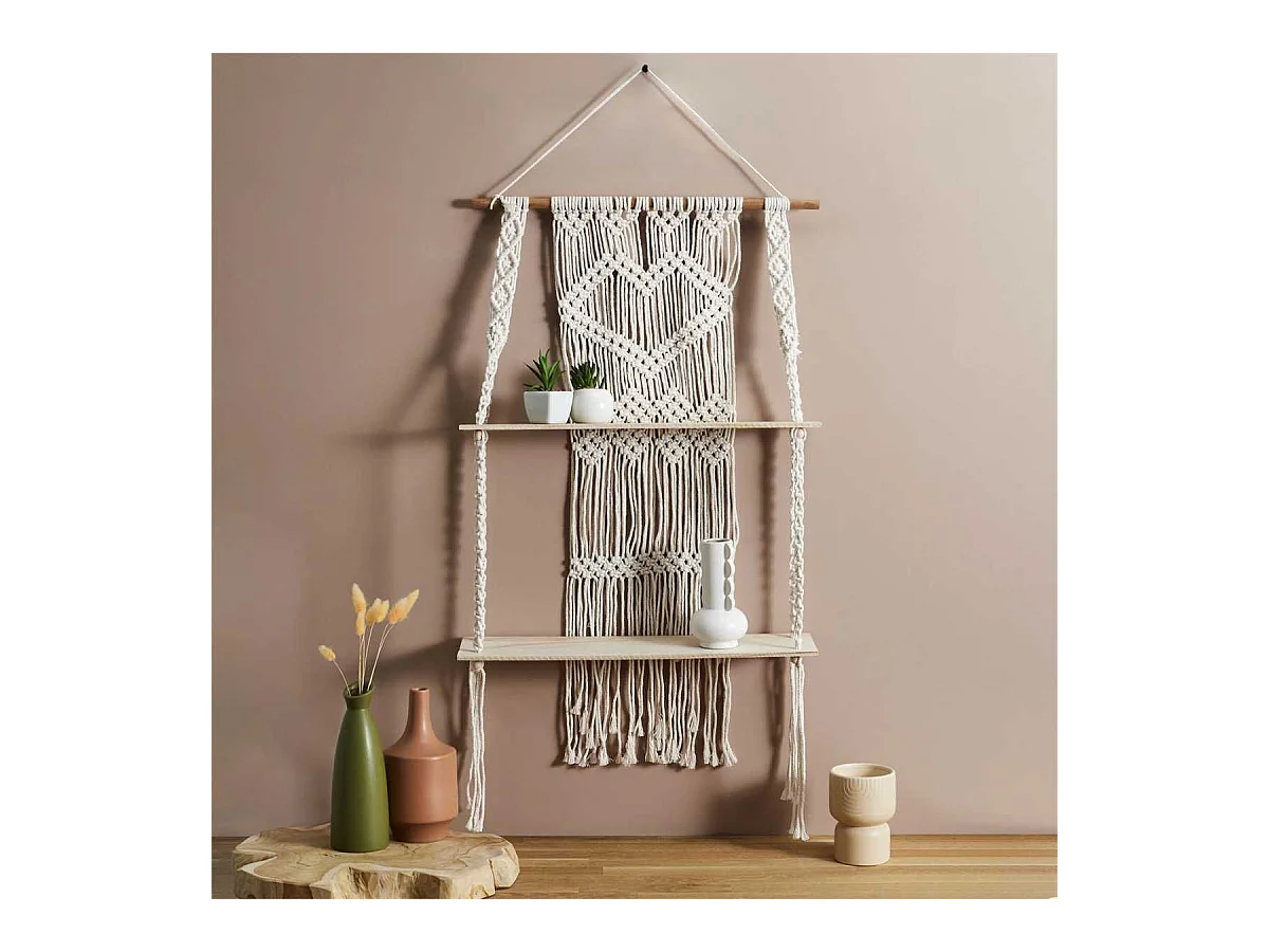 Etagère murale double bohème en macramé et plateaux en bois
