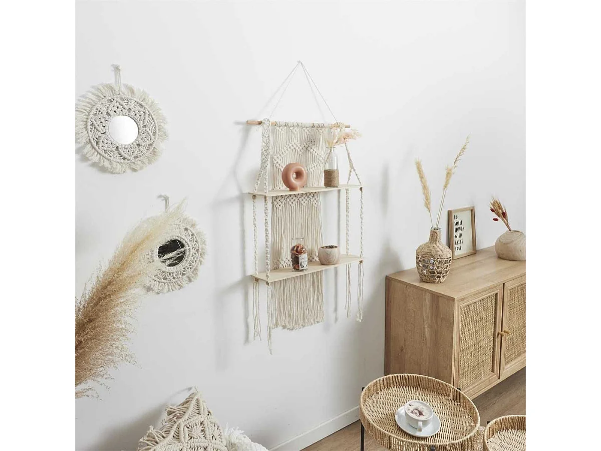Etagère murale double bohème en macramé et plateaux en bois