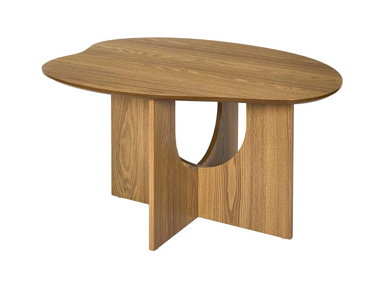 Table basse forme organique et piètement graphique en MDF aspect chêne - KALIOPE