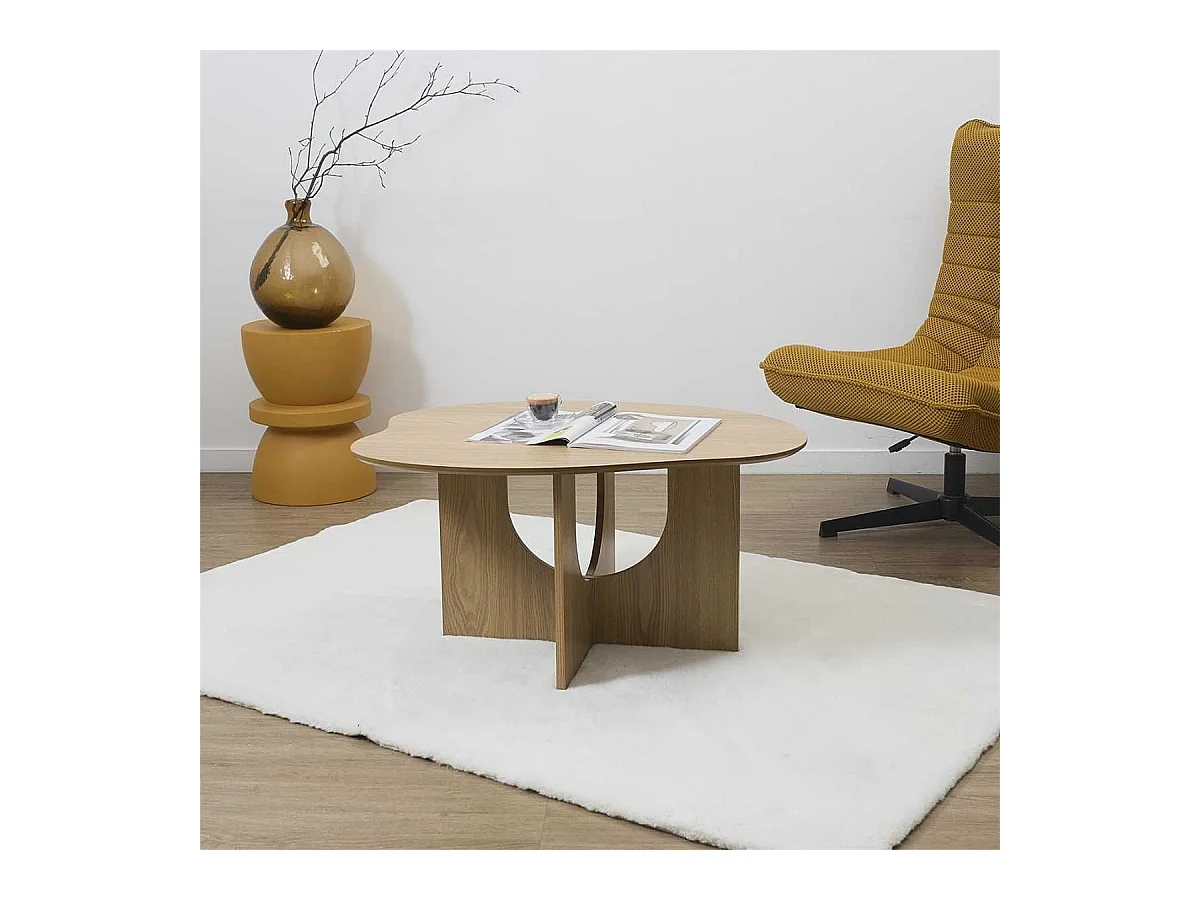 Table basse forme organique et piètement graphique en MDF aspect chêne - KALIOPE