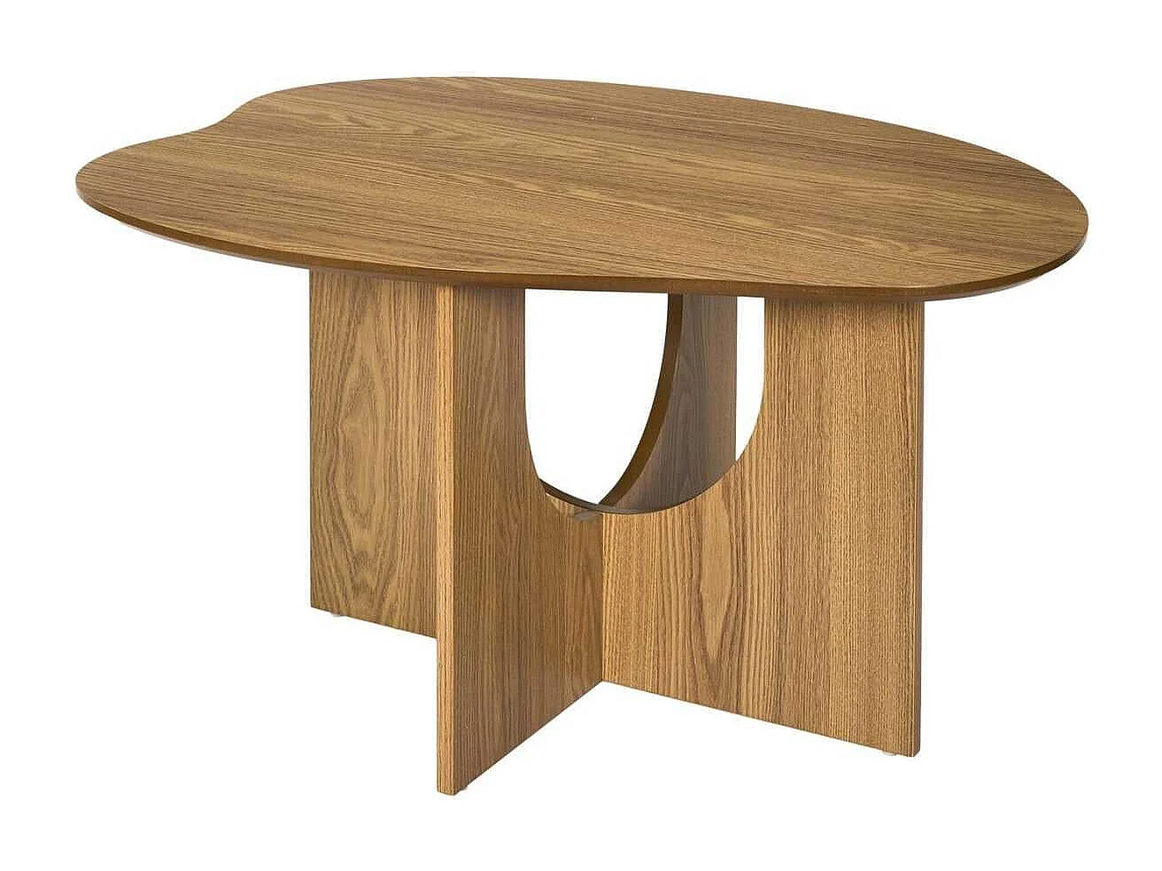 Table basse forme organique et piètement graphique en MDF aspect chêne - KALIOPE