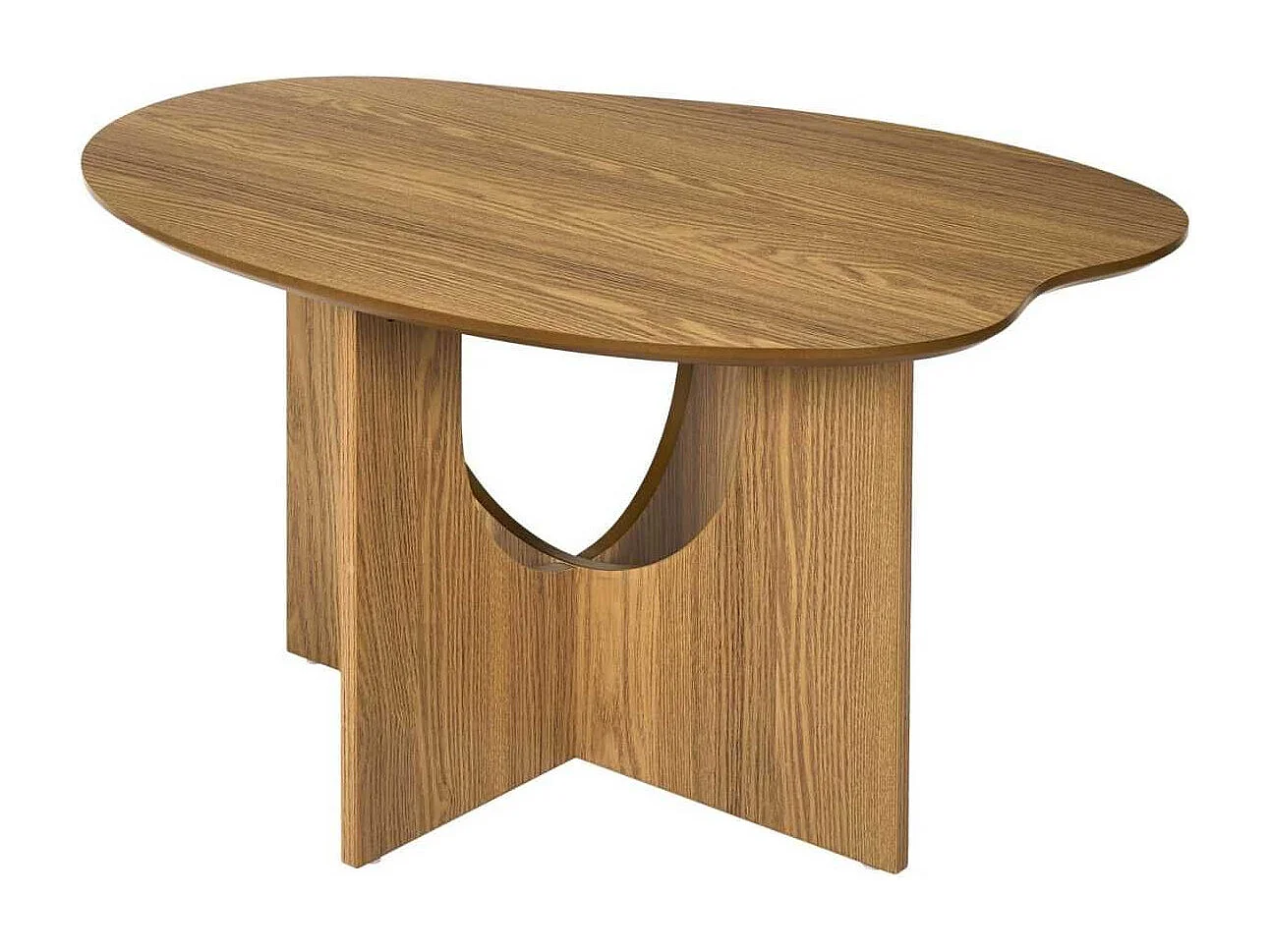 Table basse forme organique et piètement graphique en MDF aspect chêne - KALIOPE