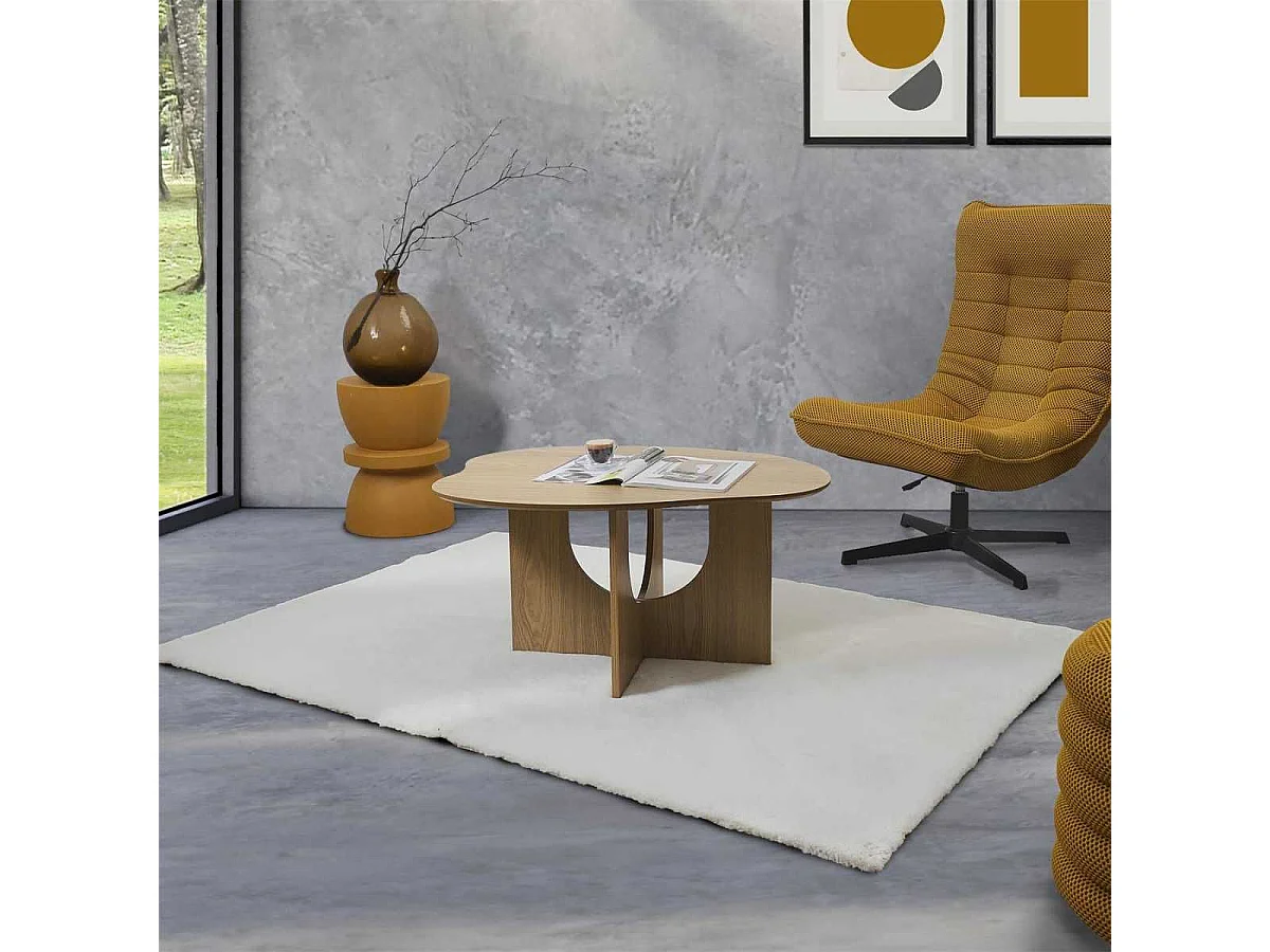 Table basse forme organique et piètement graphique en MDF aspect chêne - KALIOPE