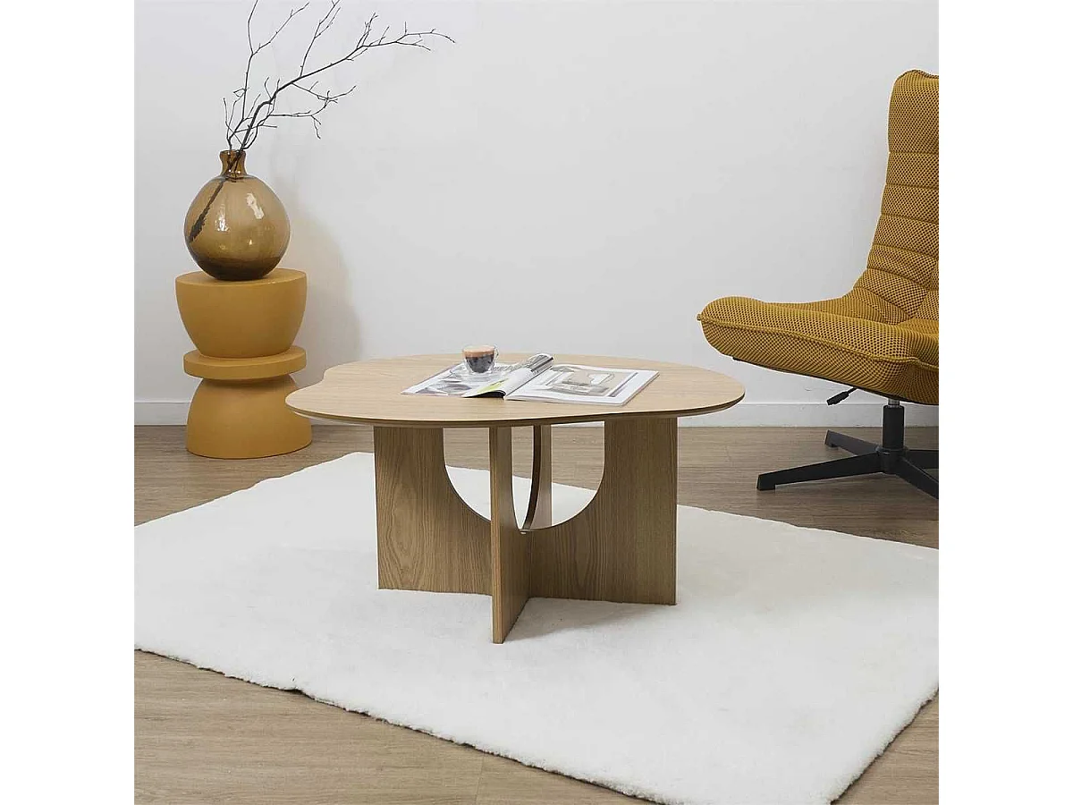 Table basse forme organique et piètement graphique en MDF aspect chêne - KALIOPE