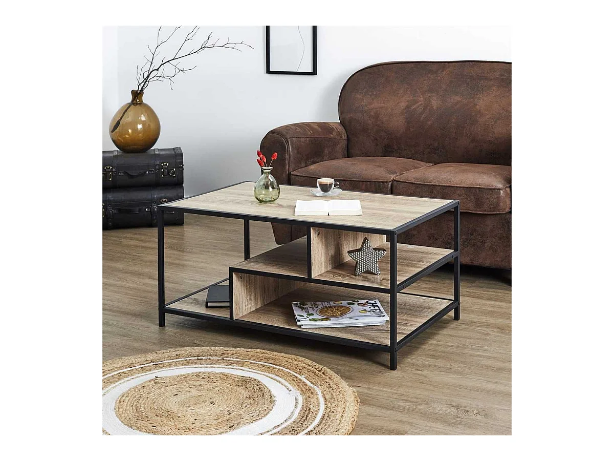 Table basse en métal noir et plateaux aspect bois - EDDY